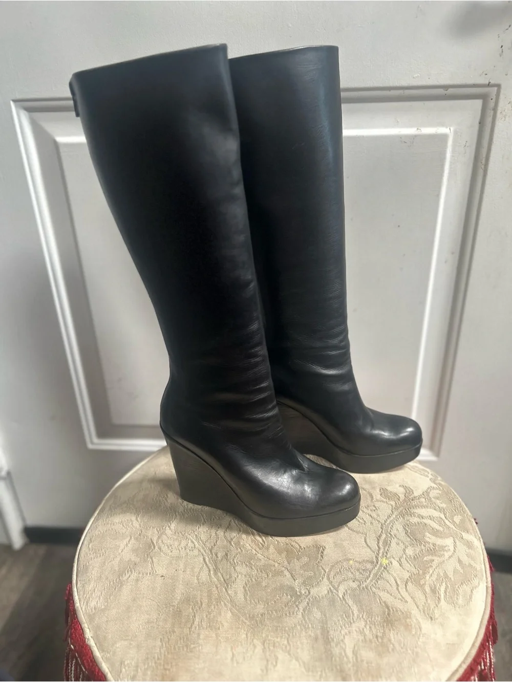 Christian Loubotin Black Tall Smooth chunky wedge platform Leather boots Sz 38